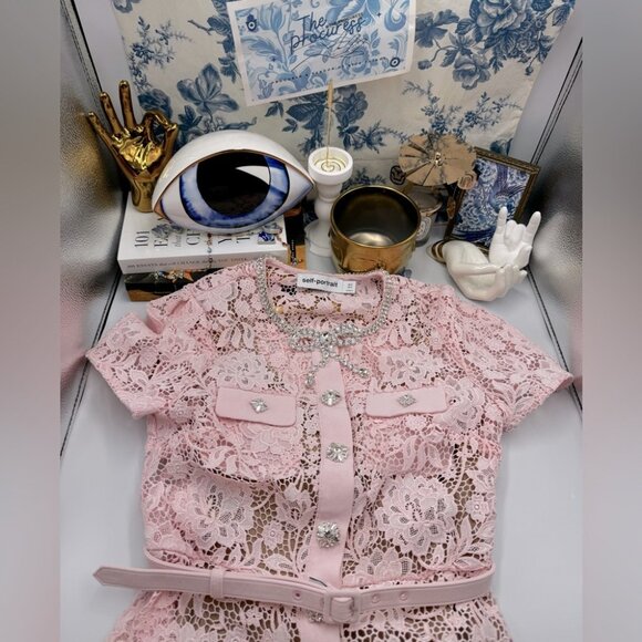 🆕 SELF-PORTRAIT 🧿 BNWOT Pink Lace Diamante Bow Midi Dress, Sz US 4 / UK 8 - Picture 2 of 16